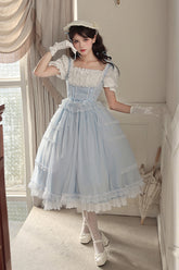 Light Blue Confession Poem Square Collar Short Sleeves Ruffle Sweet Elegant Lolita Dress Set